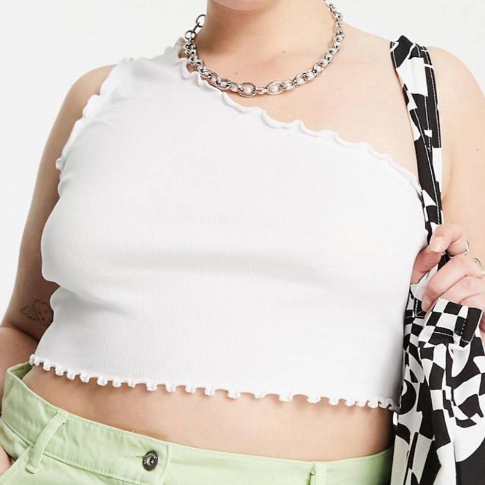 collusion plus lettuce edge one shoulder top, white, size 18